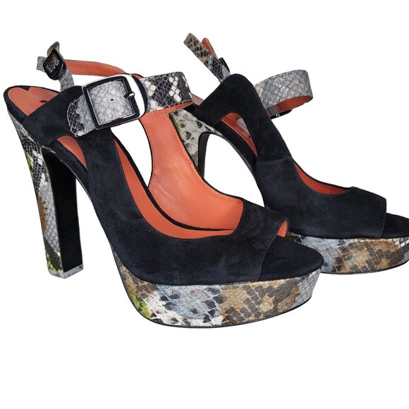 Via Spiga NWT Women's Black & Snakeskin High Heel Platform Sandals Size 9 - Picture 7 of 9